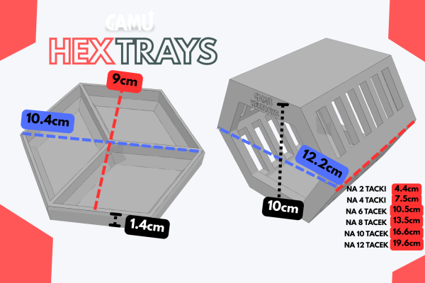 wymiary GAMU HexTrays - uniwersalne tacki do gier planszowych z pudełkiem